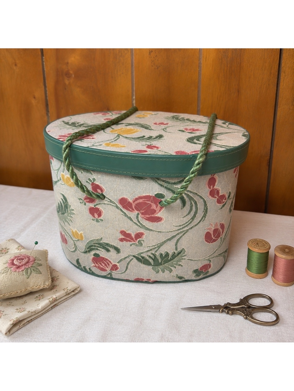 Vintage Floral Sewing Box Organizer Green Trim Fabric Covered 11 Inch